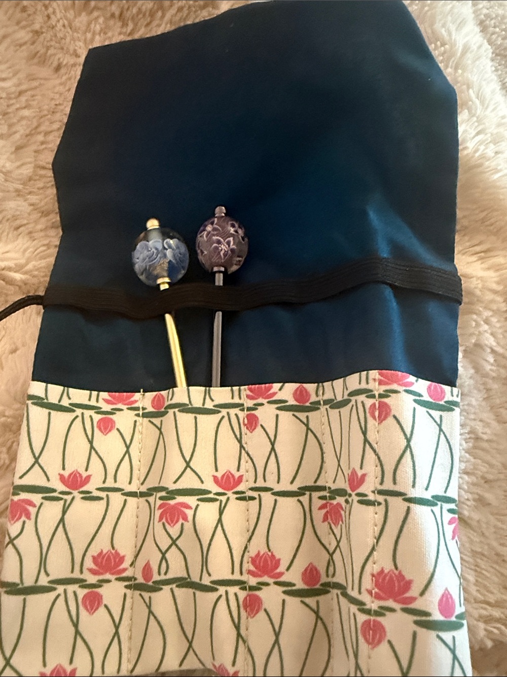 Handpainted Floral Hair Stick Set with Navy Roll